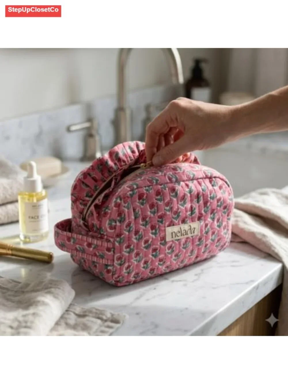 Handcrafted Quilted Cotton Makeup Bag with Frill - Large Travel Organizer Pouch